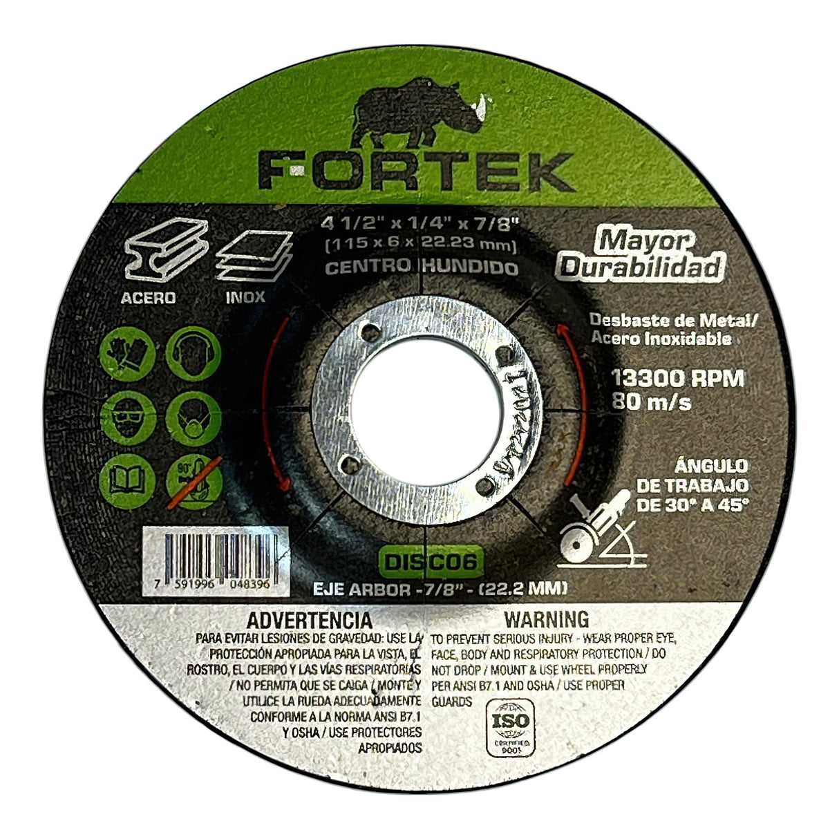 DISCO ESMERILAR 4 1/2'' X 1/4'' CENTRO HUNDIDO FORTEK