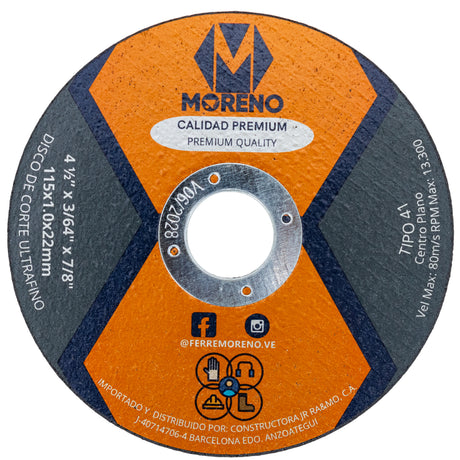 Disco Corte Metal 4 1/2 X 3/64 X 7/8 Ultrafino Moreno - GASKA